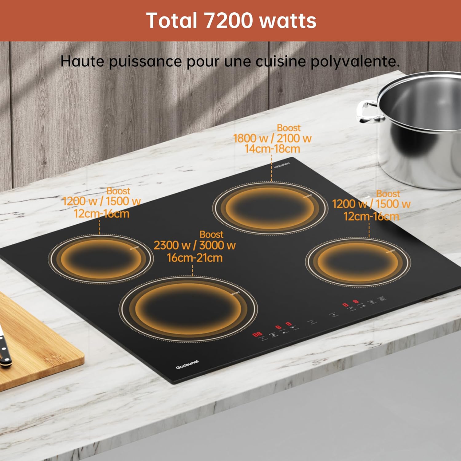 Gudsunal Plaque induction 4 feux, Table de Cuisson Encastrable,7200W, 9 niveaux de chauffage,Boost, Minuterie, Arrêt automatique, Verrouillage de sécurité enfant