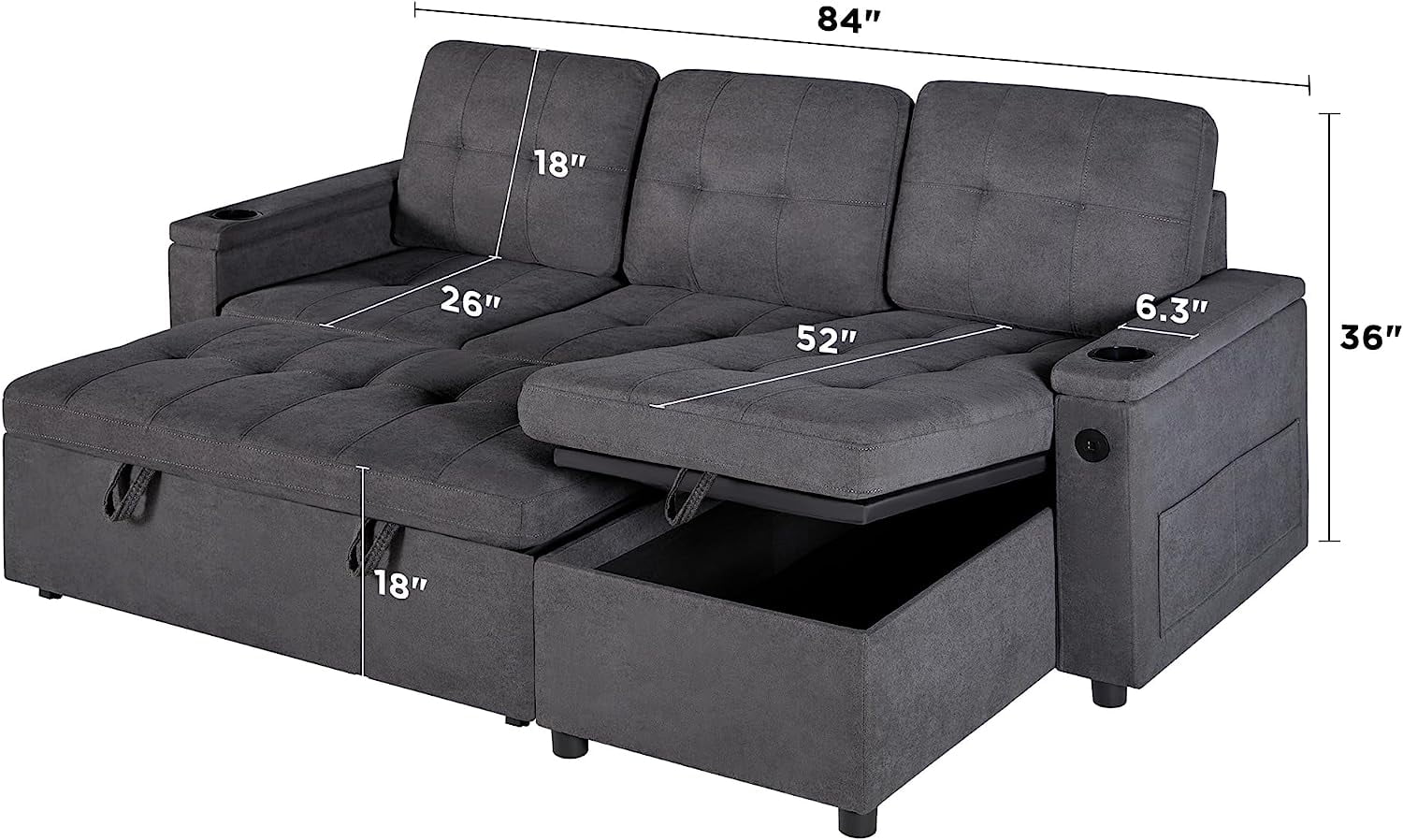 Papajet Sleeper Sofa, Modern Tufted Convertible Sofa Bed, USB Charging Ports & Cup Holders, L Shaped Sofa Couch with Storage Chaise, Linen Couches for Living Room (Dark Grey)
