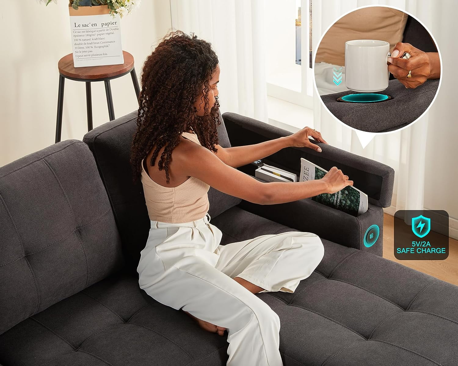 Papajet Sleeper Sofa, Modern Tufted Convertible Sofa Bed, USB Charging Ports & Cup Holders, L Shaped Sofa Couch with Storage Chaise, Linen Couches for Living Room (Dark Grey)