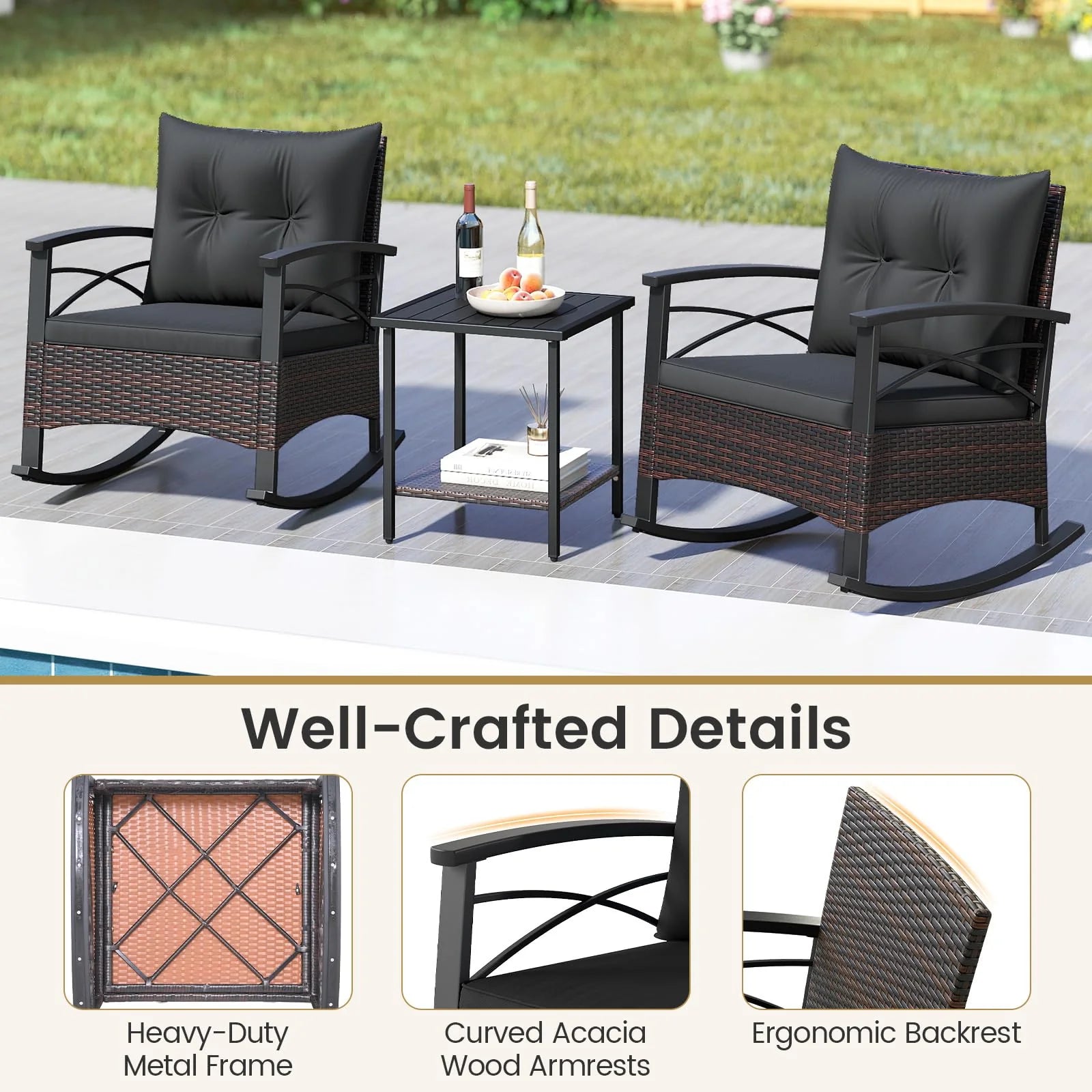 Tangkula 3 Piece Rocking Bistro Set PE Rattan Rocker Chairs with Acacia Wood Top Table