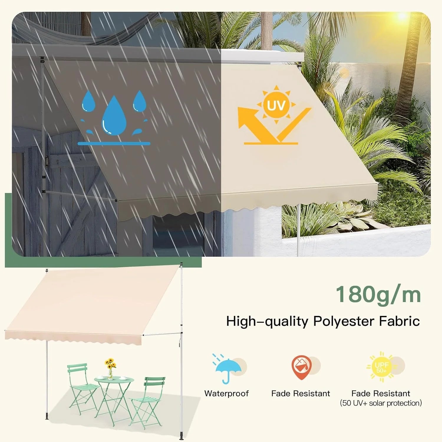 AECOJOY Manual Retractable Awning, 118" Non-Screw Outdoor Patio Awning, Beige