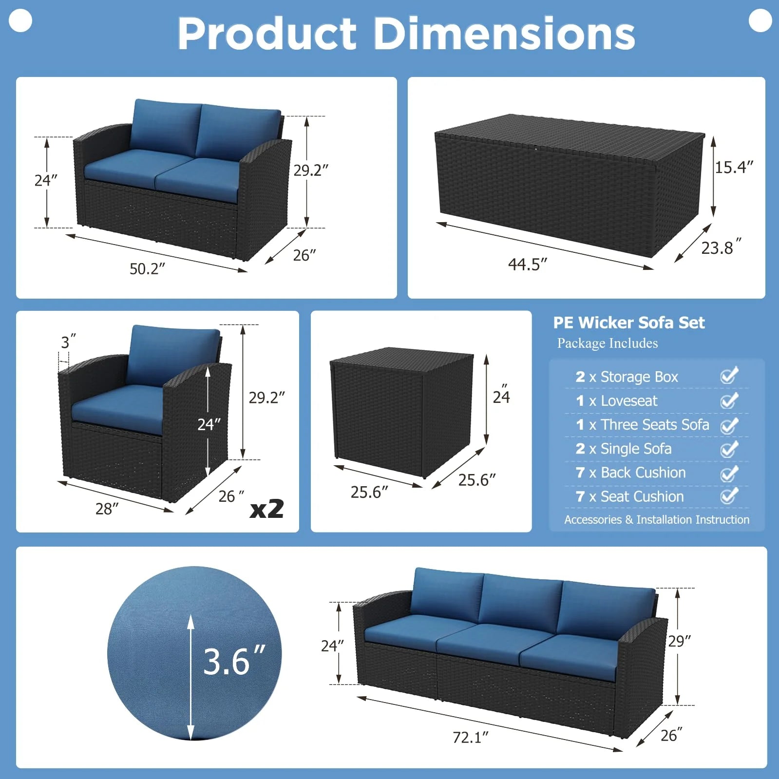 AECOJOY 7 PCS Outdoor Patio Furniture Sets with 2 Storage Boxes, Black & Dark Blue
