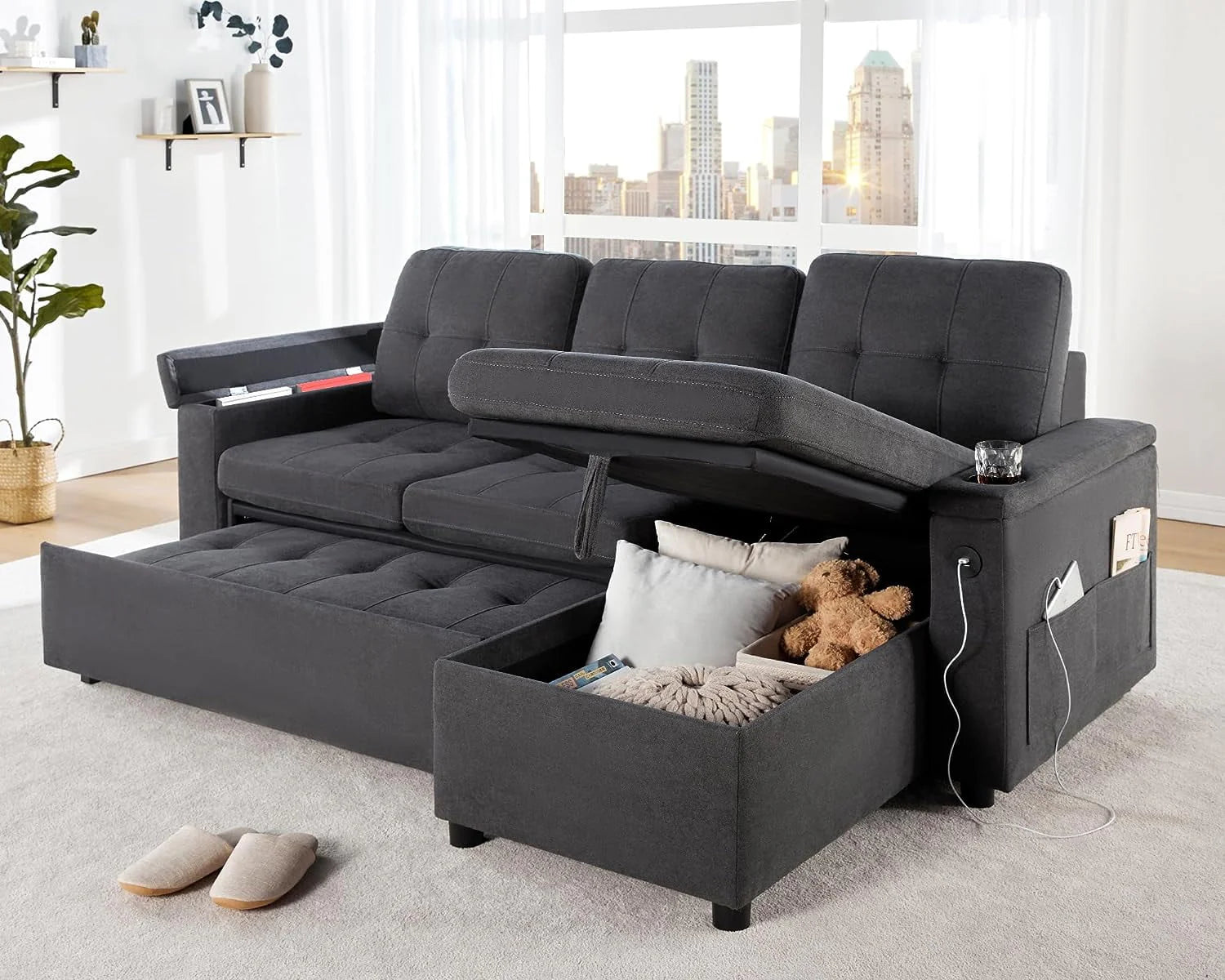 Papajet Sleeper Sofa, Modern Tufted Convertible Sofa Bed, USB Charging Ports & Cup Holders, L Shaped Sofa Couch with Storage Chaise, Linen Couches for Living Room (Dark Grey)