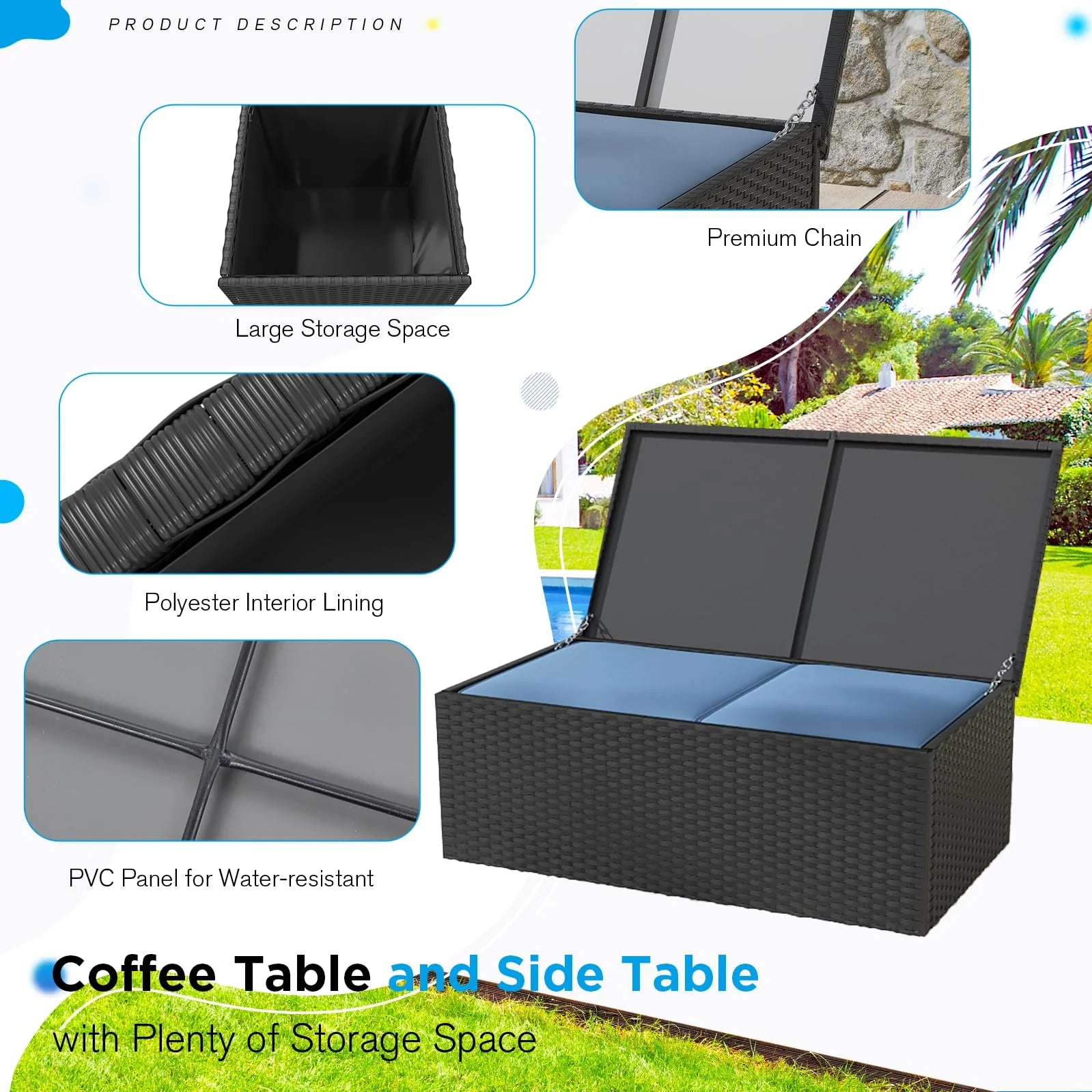 AECOJOY 7 PCS Outdoor Patio Furniture Sets with 2 Storage Boxes, Black & Dark Blue