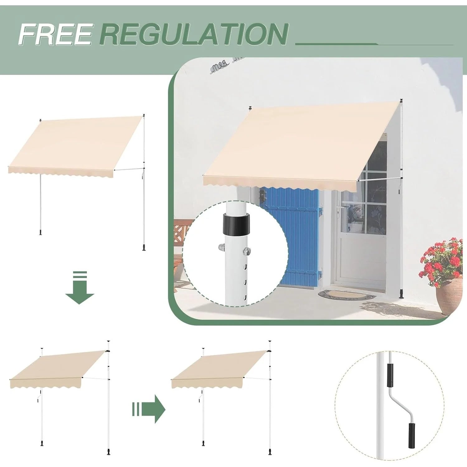 AECOJOY Manual Retractable Awning, 118" Non-Screw Outdoor Patio Awning, Beige