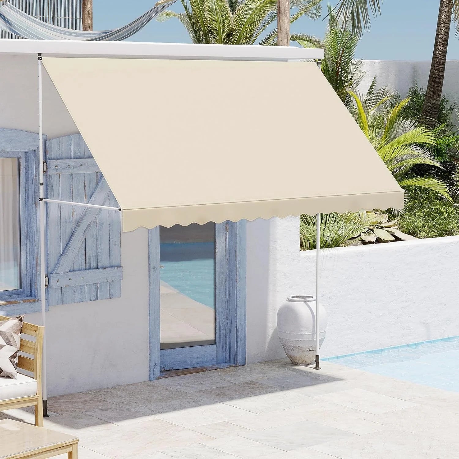 AECOJOY Manual Retractable Awning, 118" Non-Screw Outdoor Patio Awning, Beige