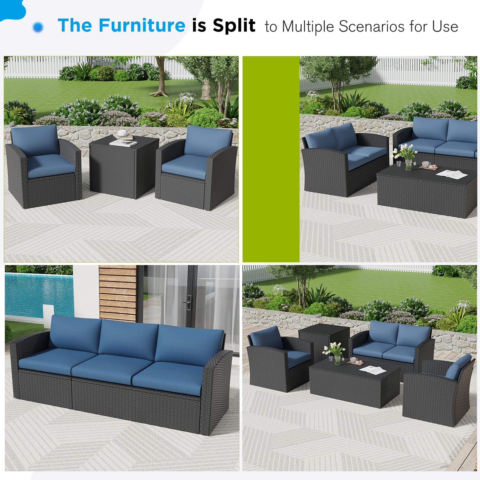 AECOJOY 7 PCS Outdoor Patio Furniture Sets with 2 Storage Boxes, Black & Dark Blue
